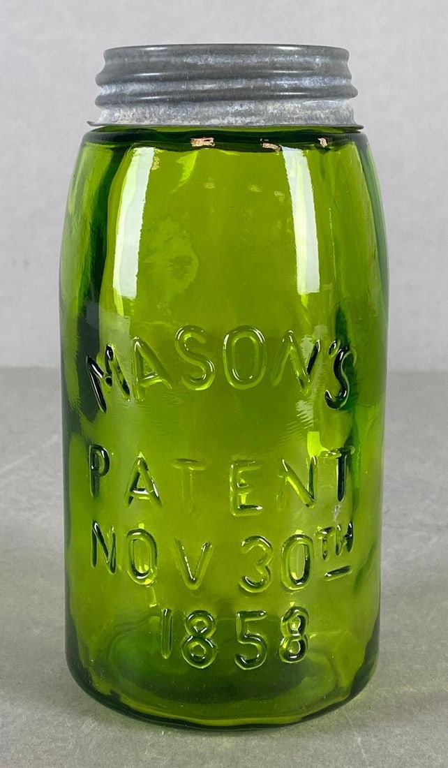 Reproduction Masons Apple Green Glass Fruit Jar: No. 7 on base, Measures 7 1/4 x 3 3/4 x 3 3/4 inches.