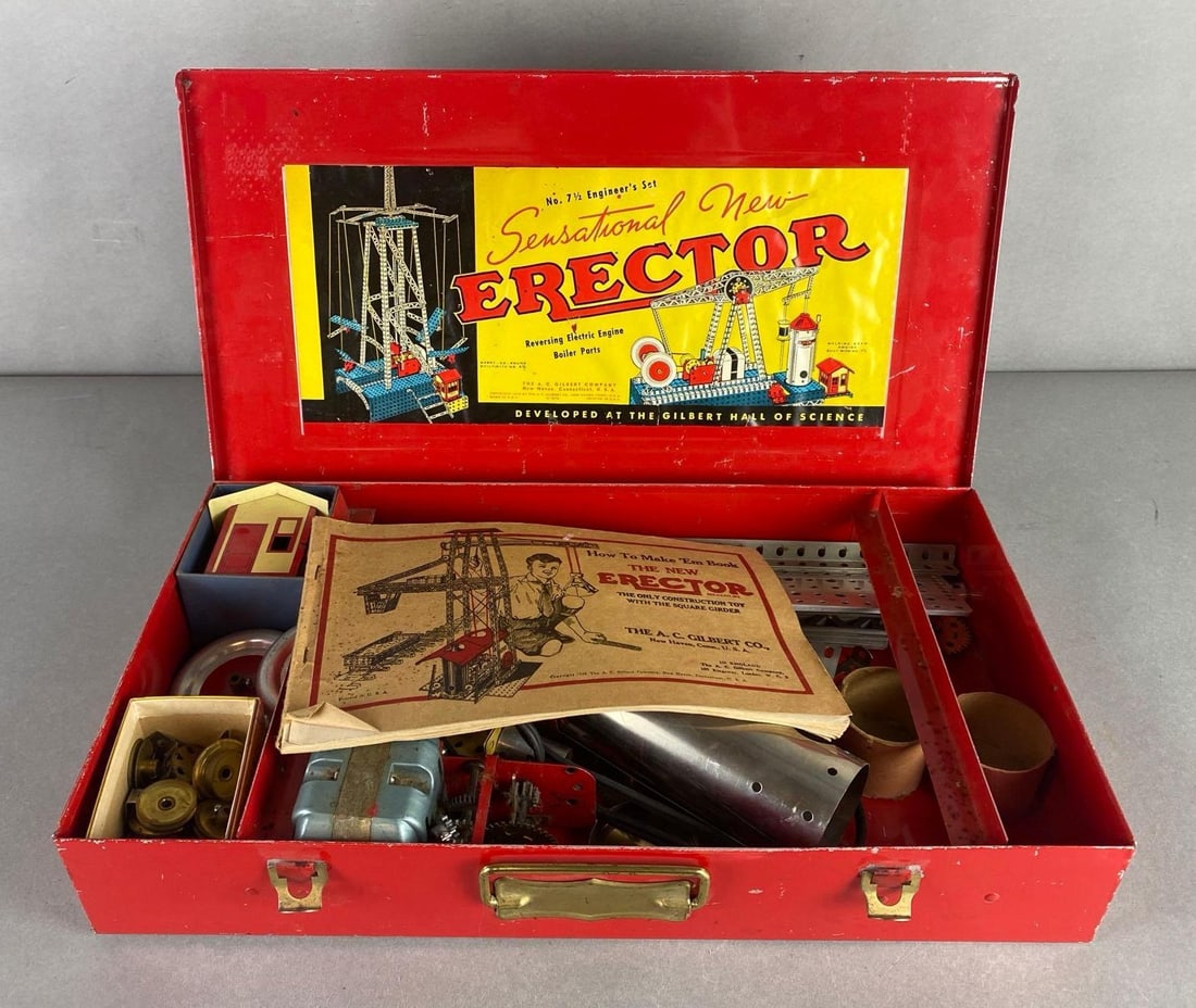 A.C. Gilbert Co. Erector Set: New Haven Connecticut , Unknown set completion, With instruction manual, Case measures 10 1/4 x 18 x 3 1/4 inches.