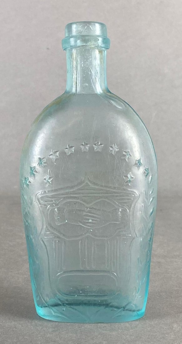 Antique Clasped Hands Aqua Glass Flask (1 of 6)