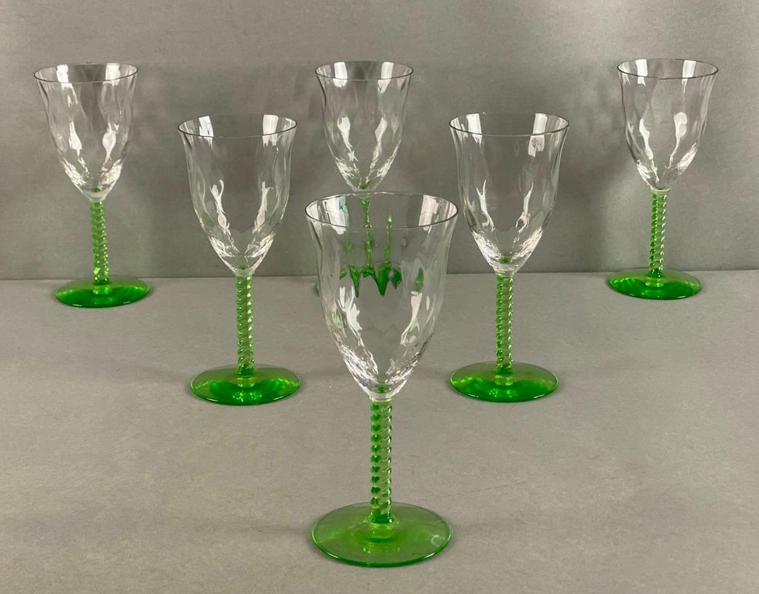 Group of 6 Uranium Glass Stem Wine Glasses: Glows under UV Light, each measures 7 1/2 x 3 1/4 x 3 1/4 inches