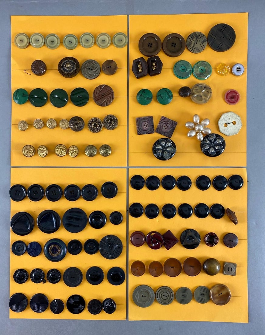 Group of 50+ Assorted Buttons: Includes plastic, wooden, metal and more, largest measures 2 inches in diameter