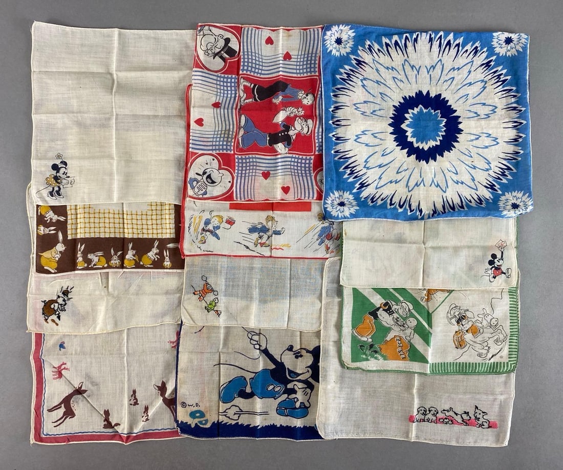 Group of 12 Childrens Disney Hankerchiefs and More: Includes Mickey, Minnie, floral and more, largest measures 9 1/4 x 9 1/4 inches