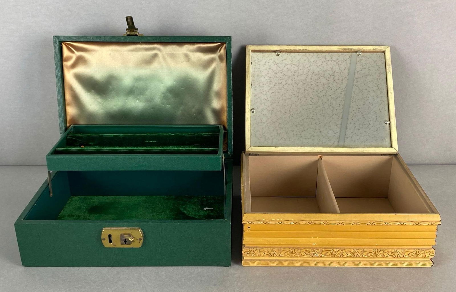 Group of 2 Dresser Jewelry Boxes: Includes wood with floral picture top, and green with green fabric liner, Largest measures 3 1/2 x 10 x 7 inches.