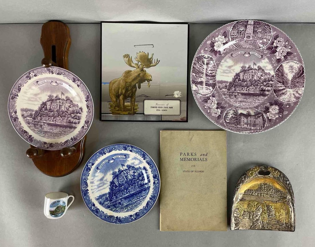 Group of 7 Starved Rock Ill. State Park Plates and More: Includes engraved dustpan, mirror, 1925 parks and memorials book. Largest plate measures 10 1/4 inches