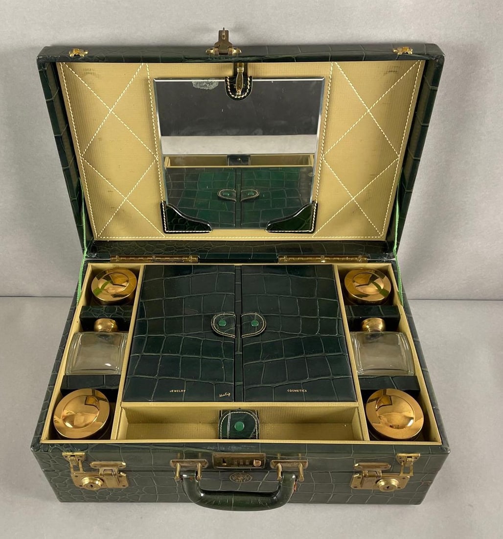 Wilt Alligator Skin Vanity Case: Includes jewelry, cosmetics, perfume bottles storage. Measures 7 1/4 inches x 17 3/4 x 12 inches