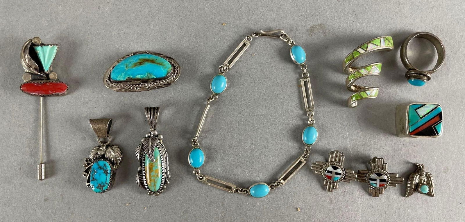 Group of 11 Native American Sterling Silver and Turquoise Jewelry (1 of 3)