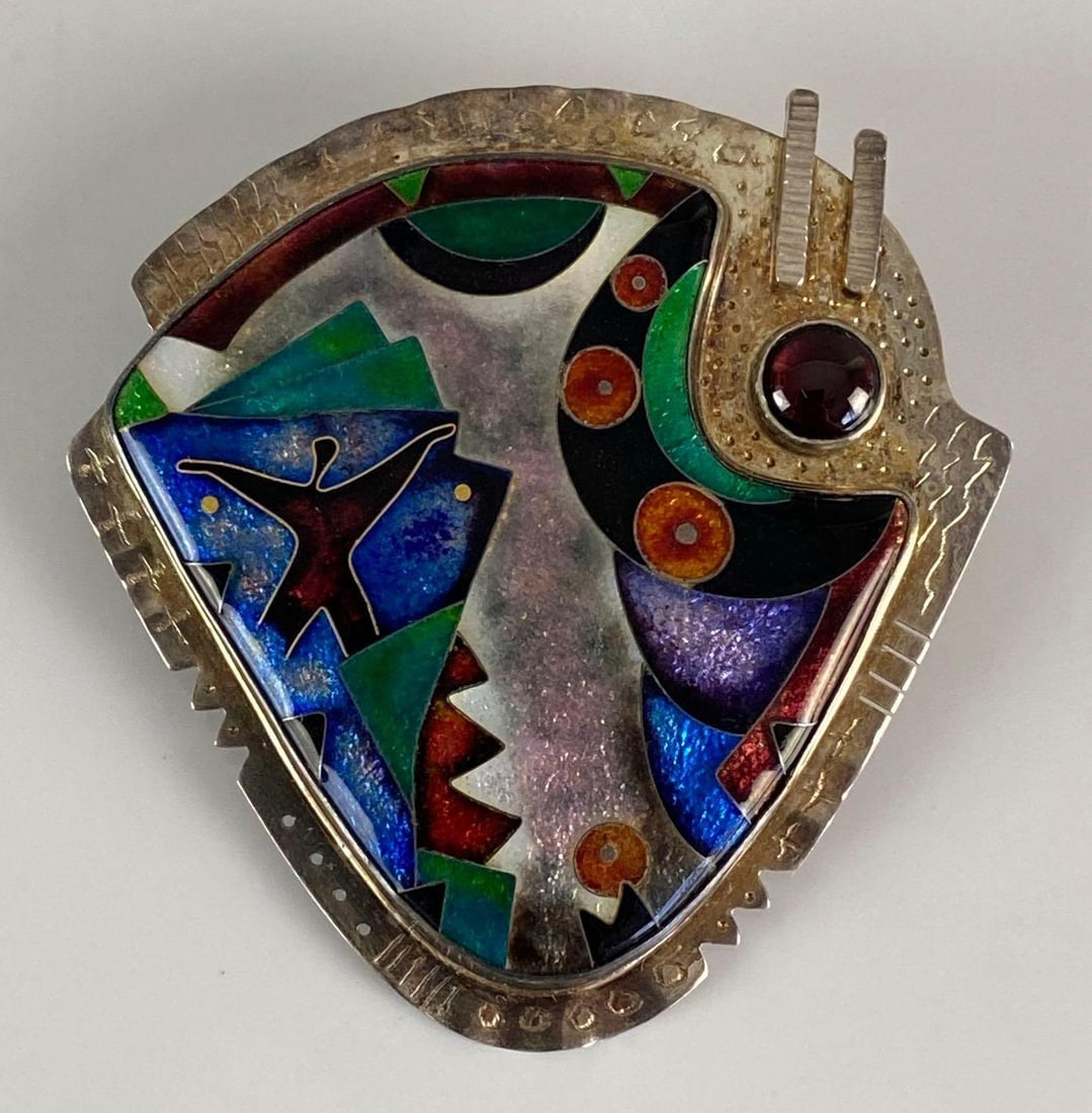 Sterling Silver C.R. Dunen Enameled Pin: Total weight 29.3g, Measures 2 x 2 inches.