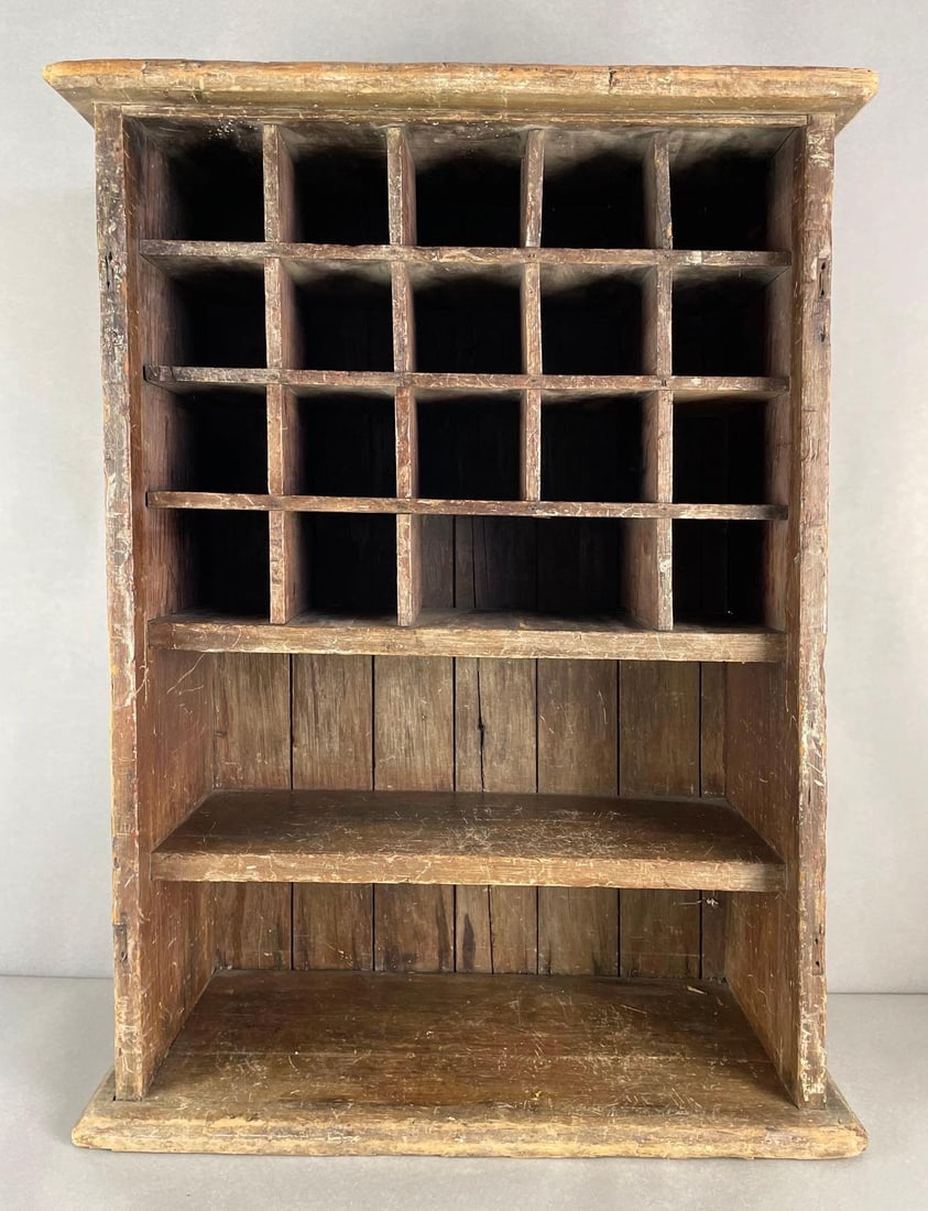Vintage Wood Filing Cabinet: NO IN-HOUSE Shipping Available. 3rd party shipper recommended. Some loose vertical slots, missing one. Measures 31 3/4 x 24 x 10 3/4 inches