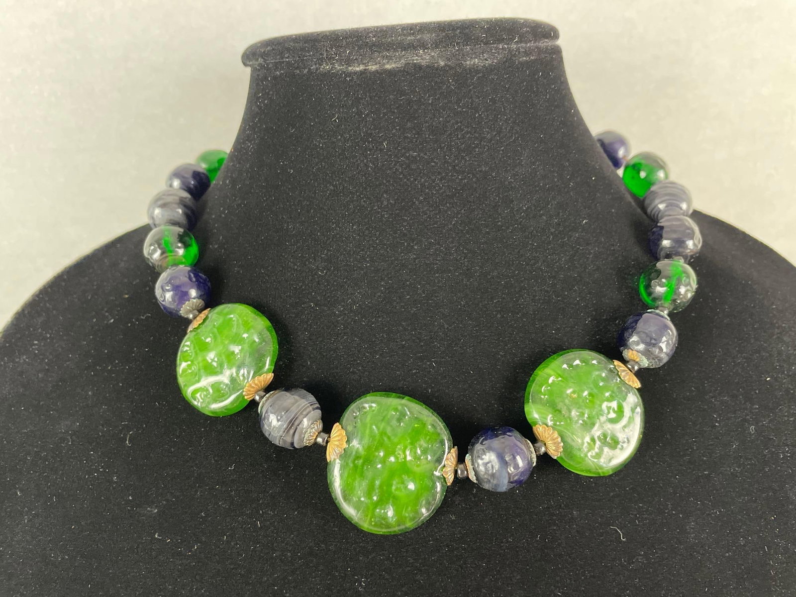 Bergere Green and Blue Glass Necklace: Measures 19 inches