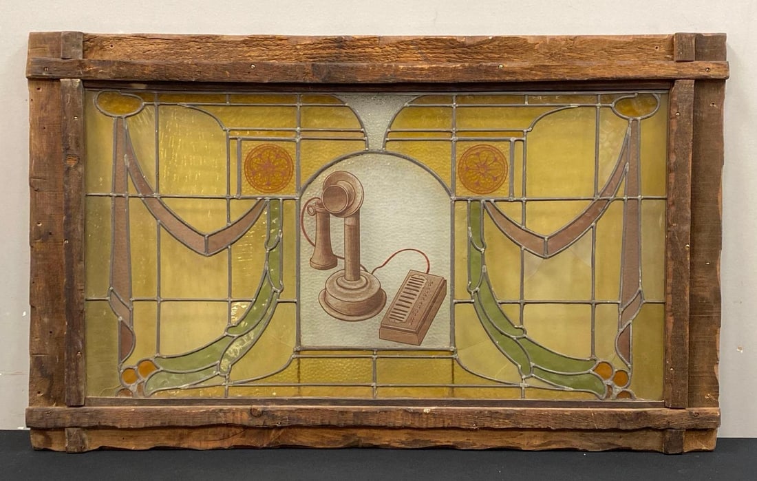 RARE Antique Candlestick Phone Stained Glass Advertising Sign (1 of 7)