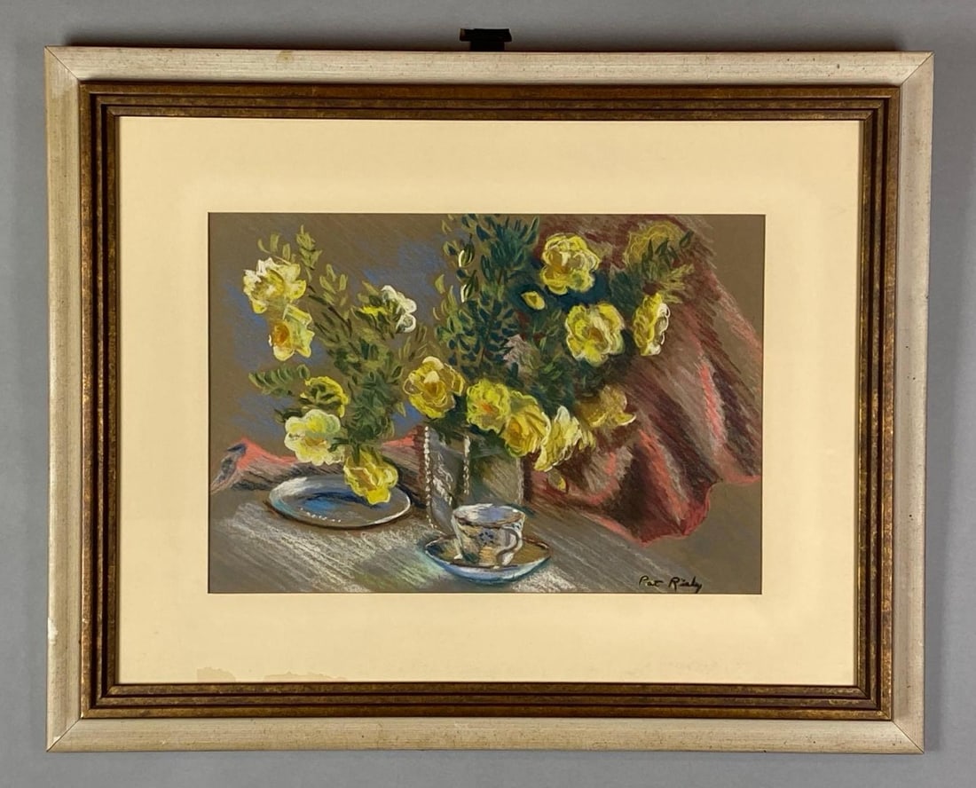 Pat Risley Still Life Floral Bouquet Oil Pastel on Paper: Artists signature on bottom right corner, Dixon, Illinois Artist, Frame measures 20 1/2 x 26 inches, Painting measures 11 1/2 x 16 1/2 inches.