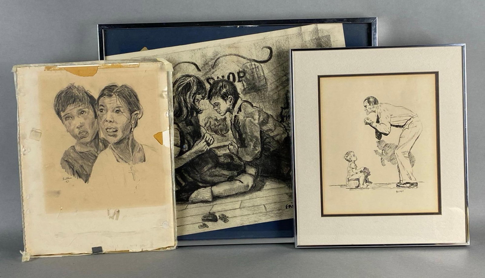 Group of 3 Signed Ronald Fritkin Portrait Sketches on Paper: 1960s, Includes Man Potty Training Son, Kids outside Shop, and Mother and son, 2 in frames, Largest frame measures 16 3/4 x 20 1/2 inches.
