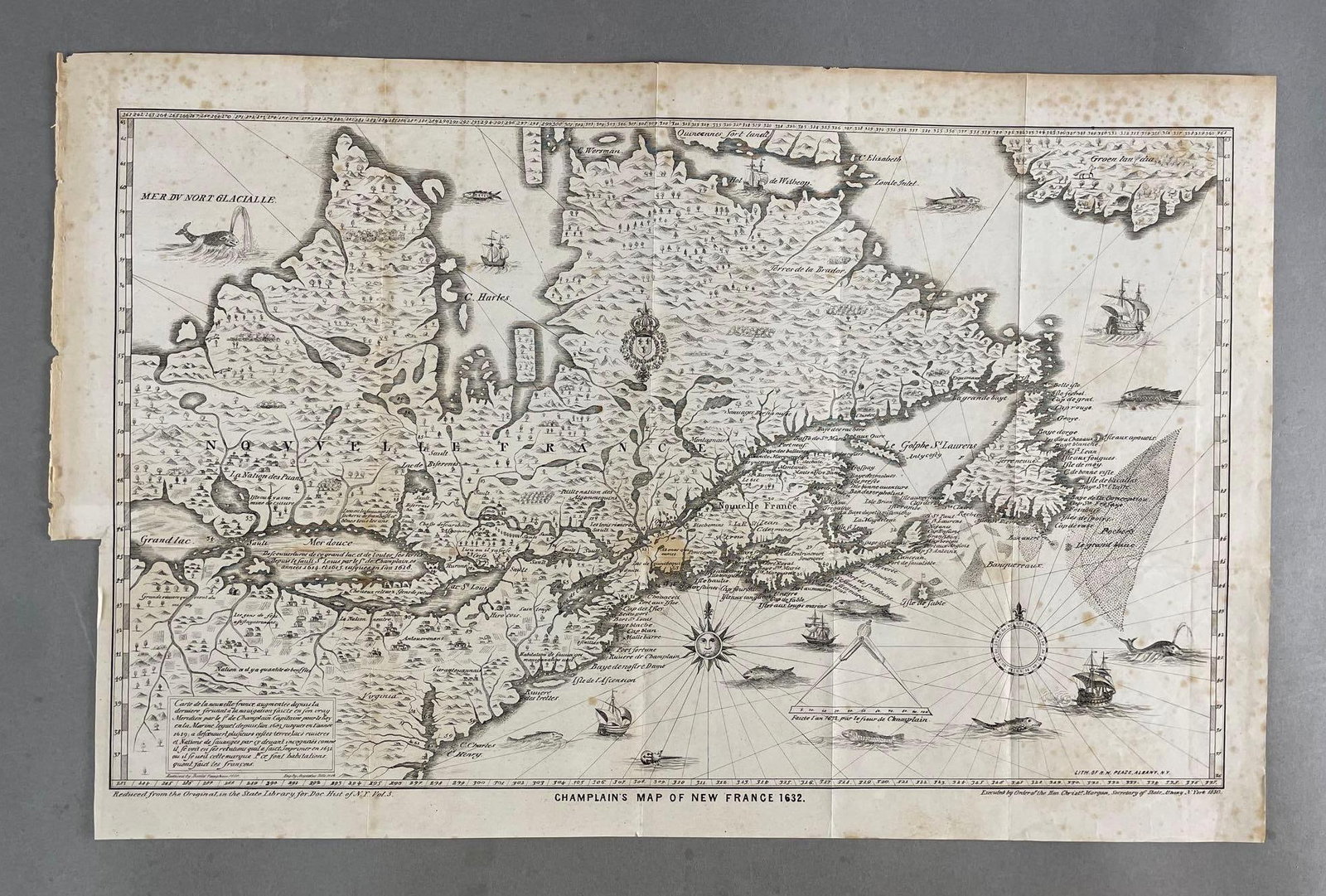 1850 Champlains Map of New France 1632: Some water stains, and missing part of the margin. Measures 12 x 18 1/2 inches