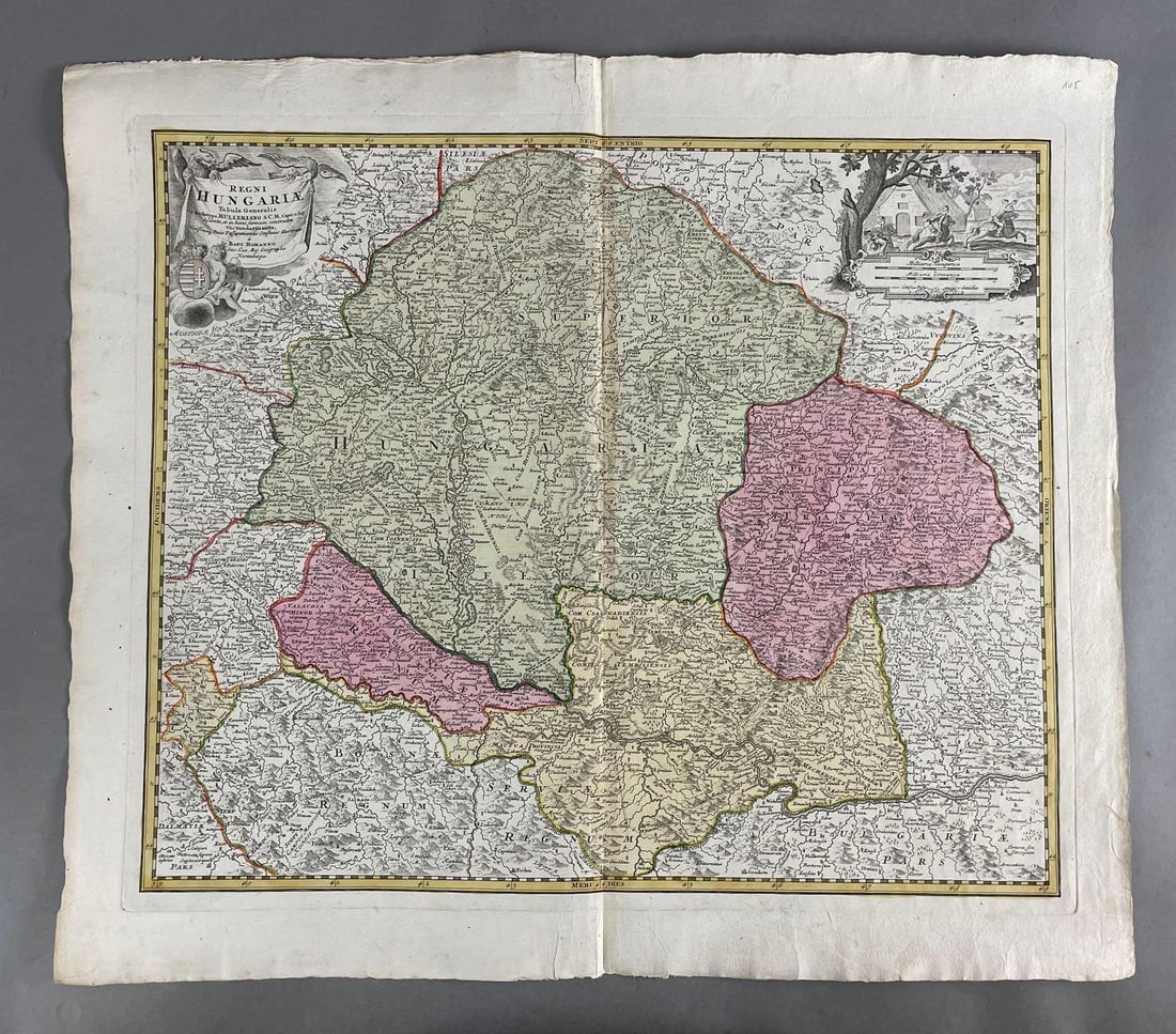Vintage Kingdom of Hungary Map: Measures 22 1/2 x 25 3/4 inches