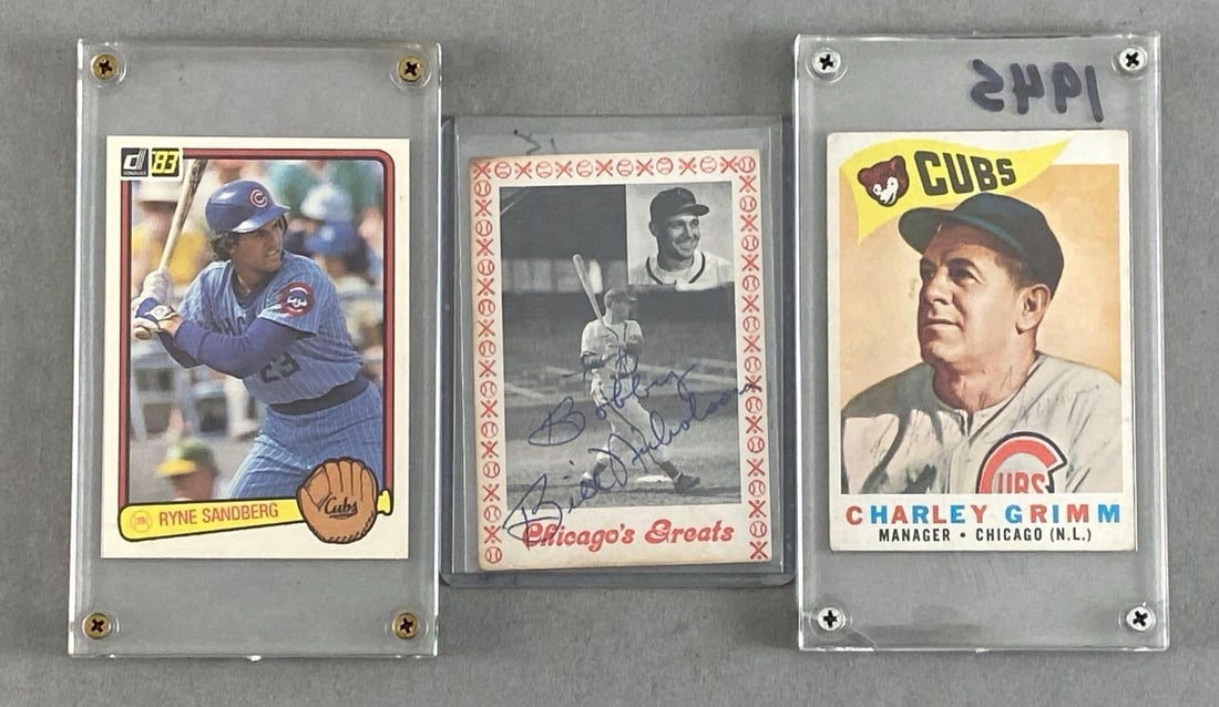Group of 3 Chicago Cubs Baseball Trading Cards: Includes Ryne Sandberg, Charley Grimm and William Nicholson