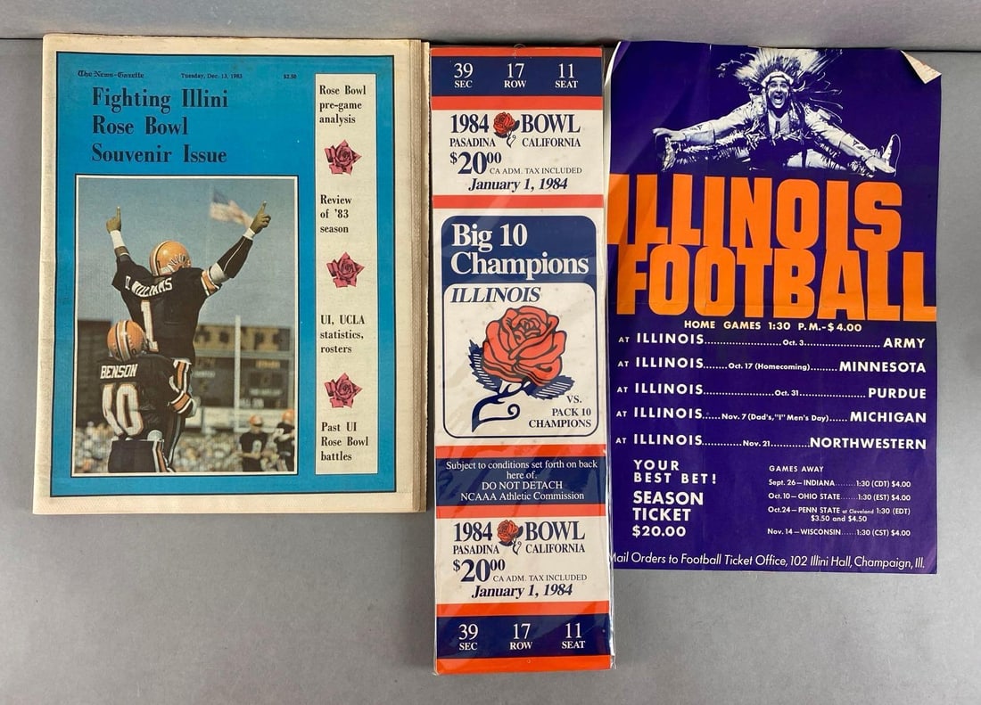Group of 3 University of Illinois Rose Bowl Ephemera and More: Includes souvenir newspaper on rose bowl, rose bowl oversized ticket and home games schedule Flyer