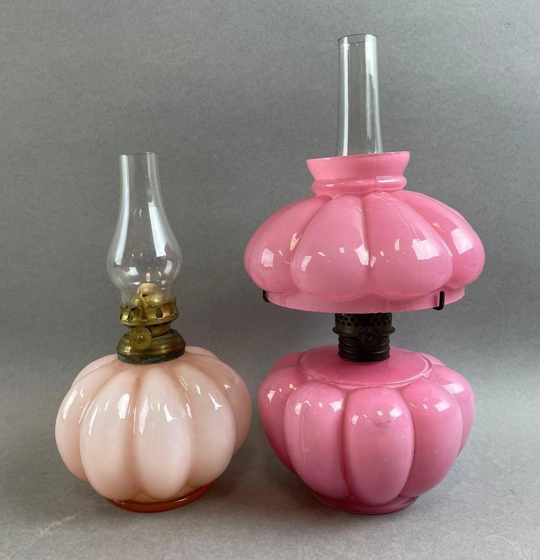 Group of 2 Pink Glass Kerosene Lamps: Largest with shade measures 9 1/2 x 5 inches overall