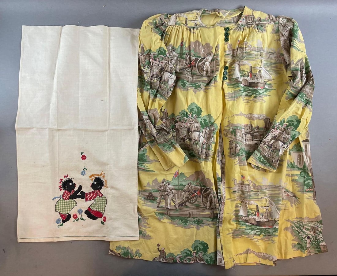 Confederate Themed Shirt and Black Americana Dish Towel: Confederate south shirt buttons only near top. Towel measures 27 1/2 x 15 1/2 inches