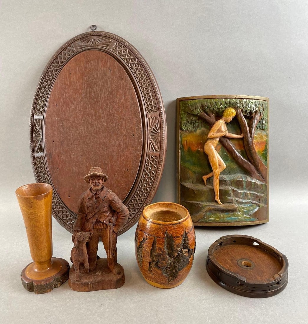 Group of 6 Carved Wood Items: Includes bud vase, nude woman in forest, live edge cup, and more. Largest measures 14 x 9 1/2 inches