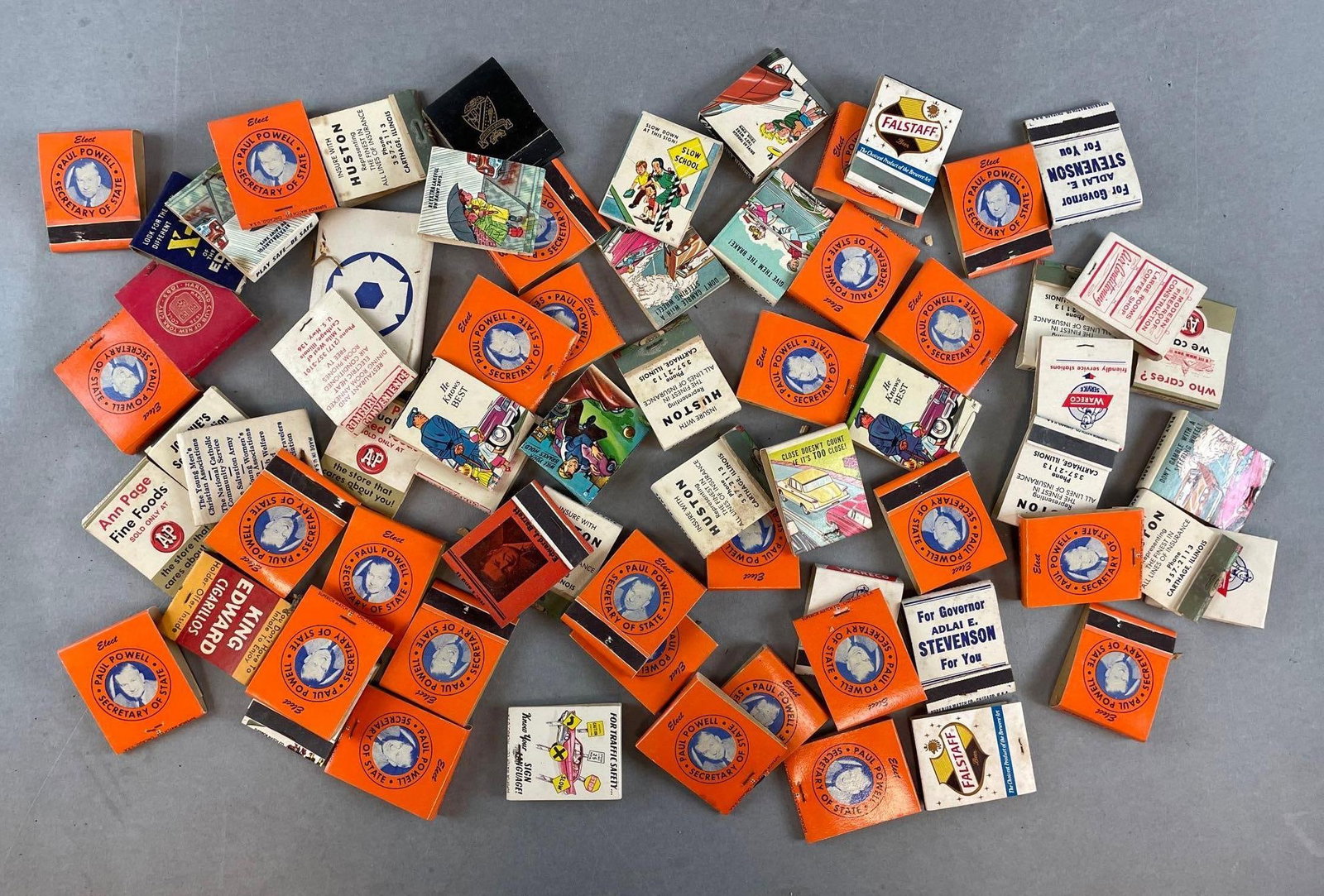 Group of 60+ Advertising and Political Matchbooks: Includes falstaff beer, A and P, Paul Powell, Adlai Stevenson, and more. Largest measures 2 x 3 inches