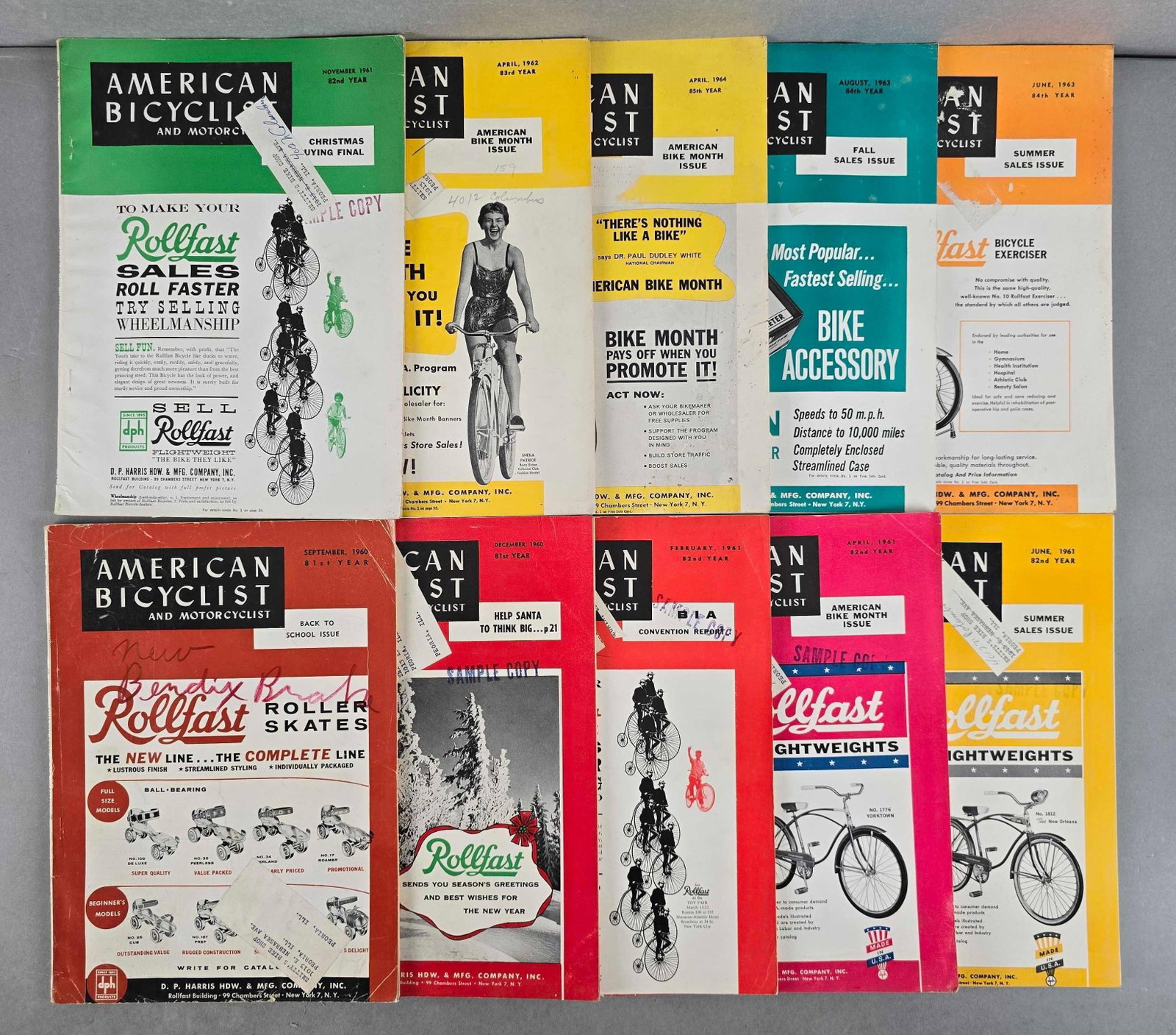 Group of 10 1960s American Bicyclist and Motorcyclist p9: Incomplete sets, some tears and creases throughout, 5 included are sample copies, each measures 11 1/4 x 8 inches