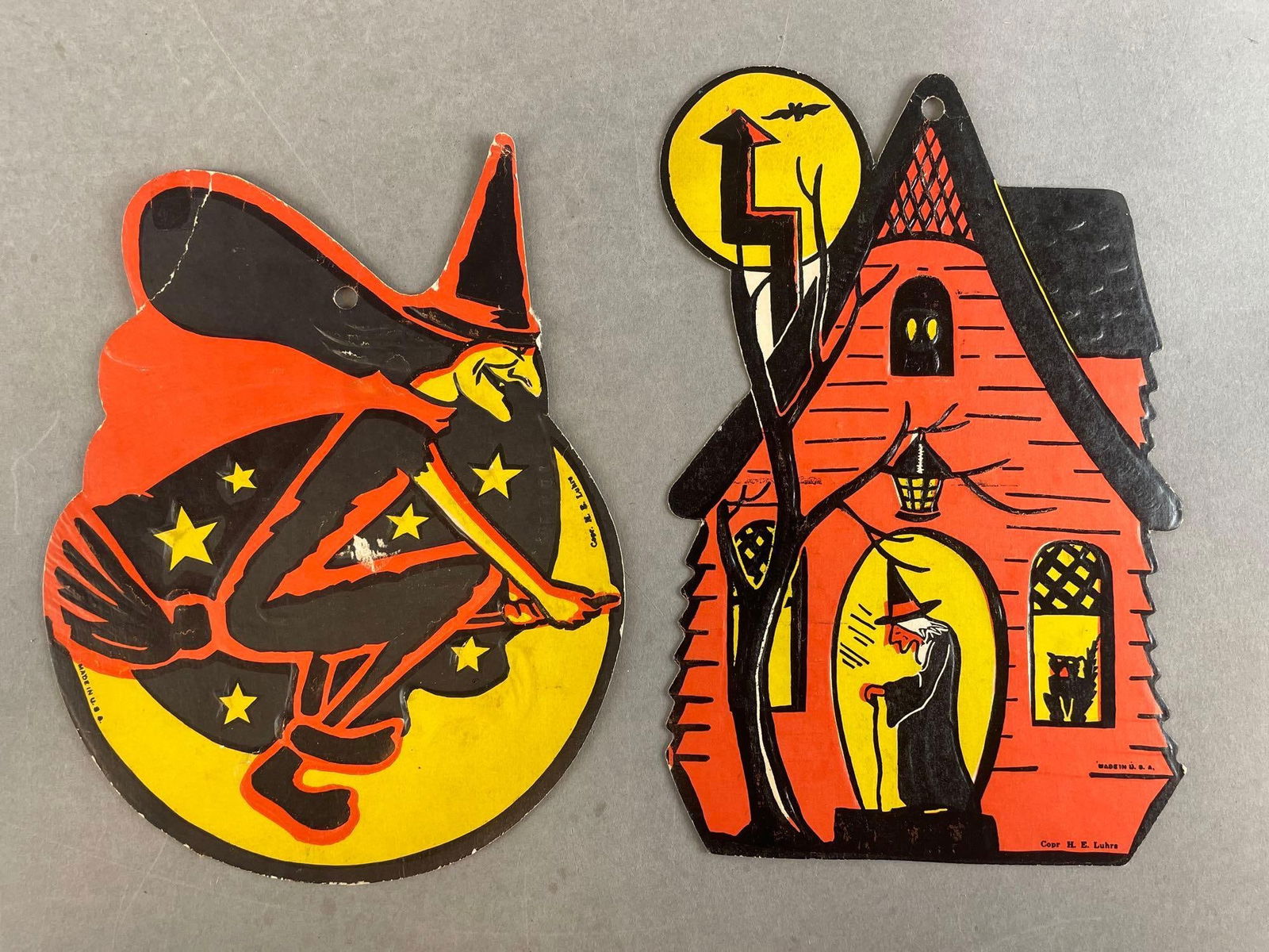 Group of 2 Vintage Halloween Embossed Witch Decorations: H.E. Luhrs, largest measures 9 x 6 inches