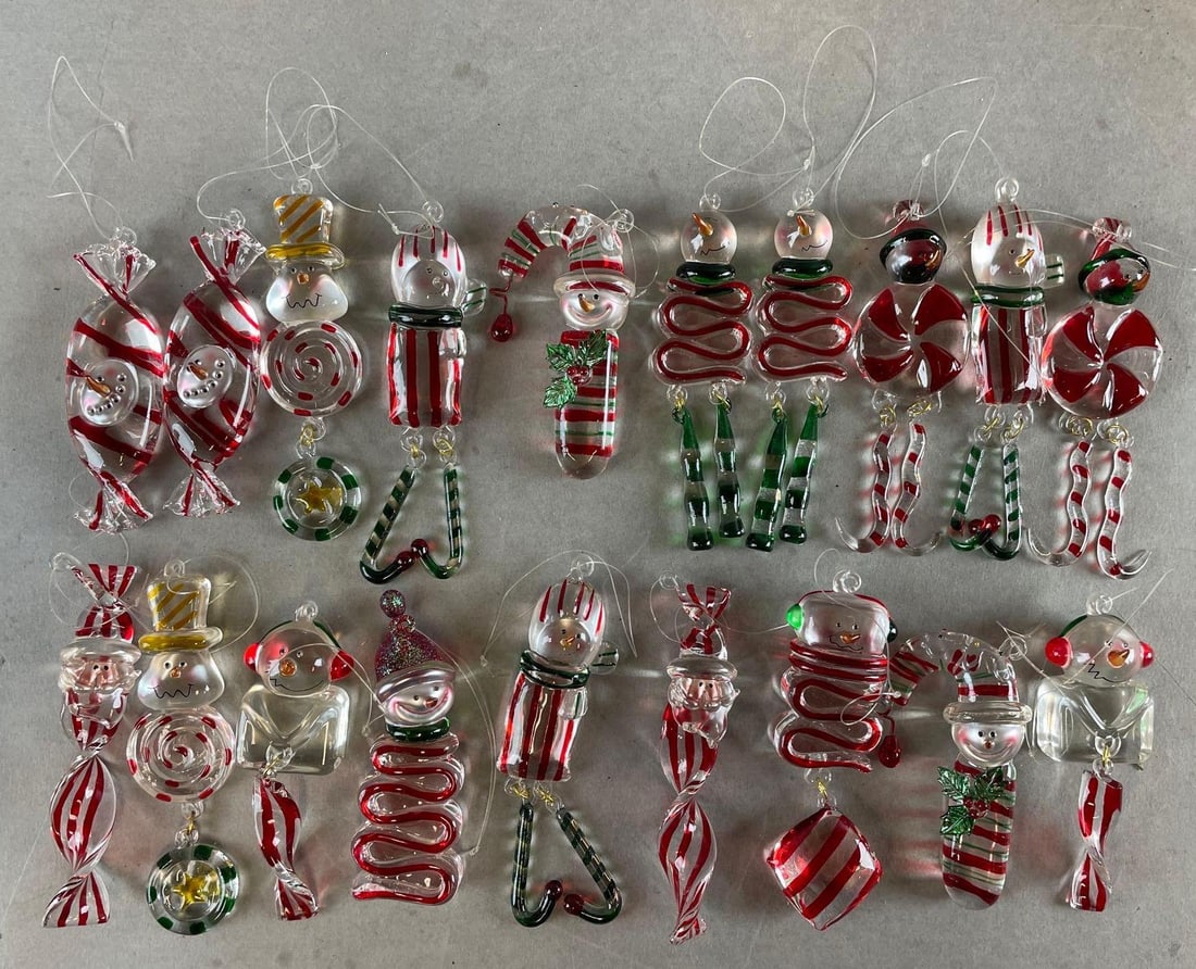 Group of 15+ Glass Christmas Ornaments: Includes Santa, snowmen, candy canes. Largest measures 4 1/2 inches