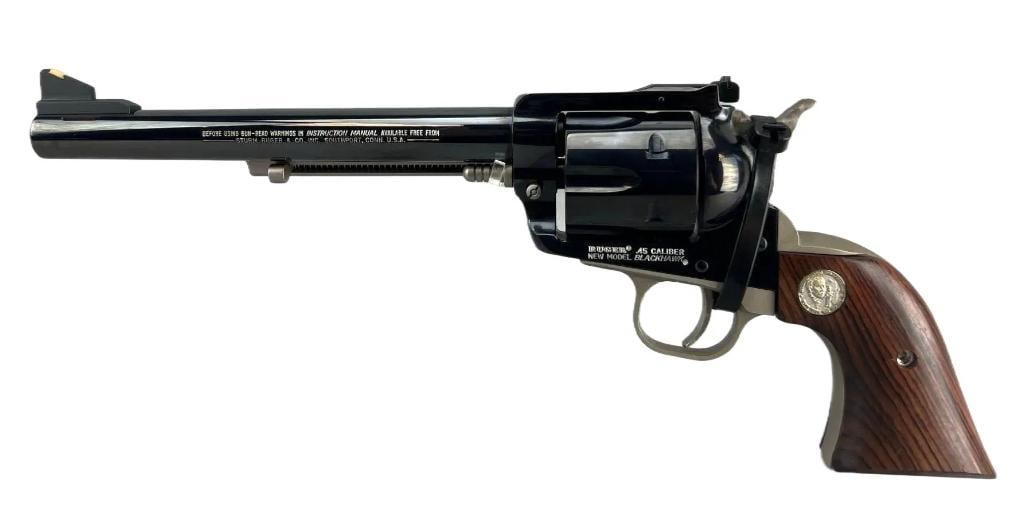 Ruger Black Hawk War Sesquicentennial New Model Blackhawk .45 cal. Single Action Revolver with: Serial Number 46-75770, New Condition with Original Box, 7 1/2 inch Barrel, 150 Anniversary of the Black Hawk War