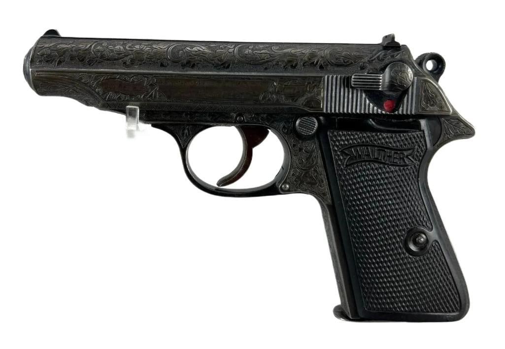 Post War Engraved WW2 German Walther Mod. PP 7.65mm cal. Semi Auto Pistol: Serial Number 343957P, Good Condition. The frame, barrel, and slide feature 85% coverage with beautiful post war non factory fine oak leaf and scroll engraving. Waffenamt Proof marks numbered WaA359 o