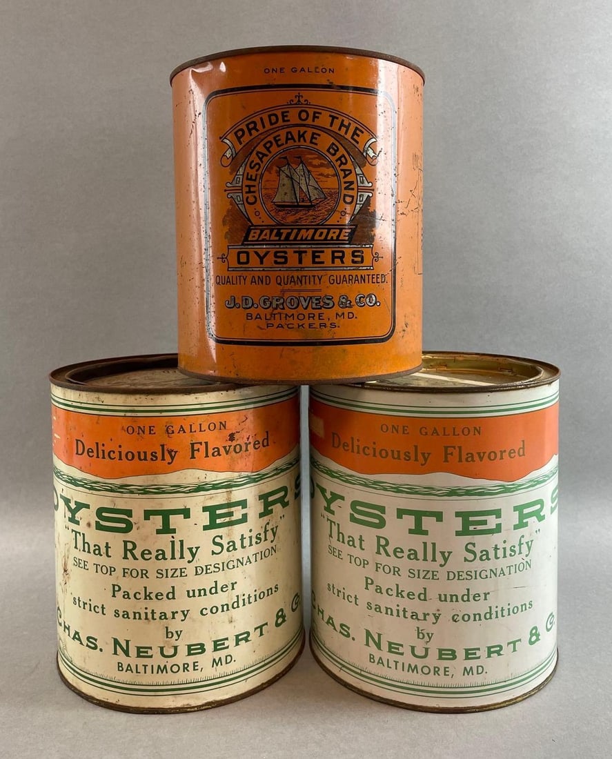Group of 3 - 1 Gallon Oyster Advertising Cans (1 of 5)