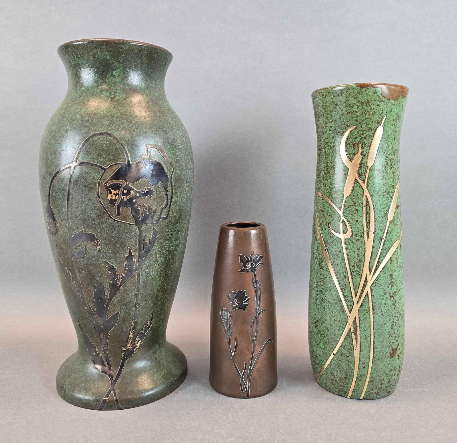 Group of 3 Sterling Silver Floral Overlay Bronze Vases (1 of 5)