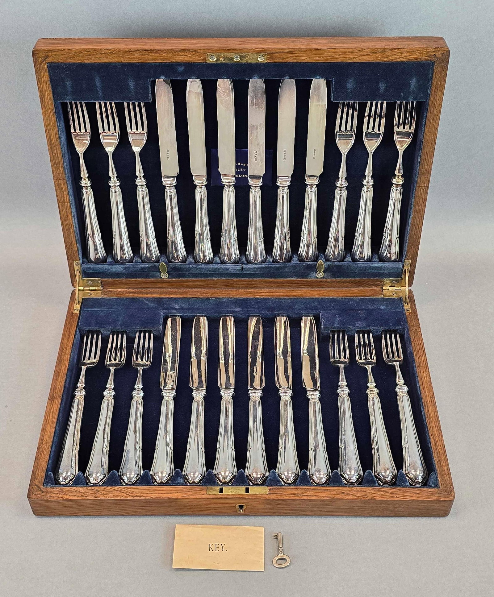 Complete Set of 24 Weighted Flatware: Made in England for G. Bradley & Son, Geelong, includes original Silver key, marked JD and S, box measures 2 1/4 x 14 x 10 inches