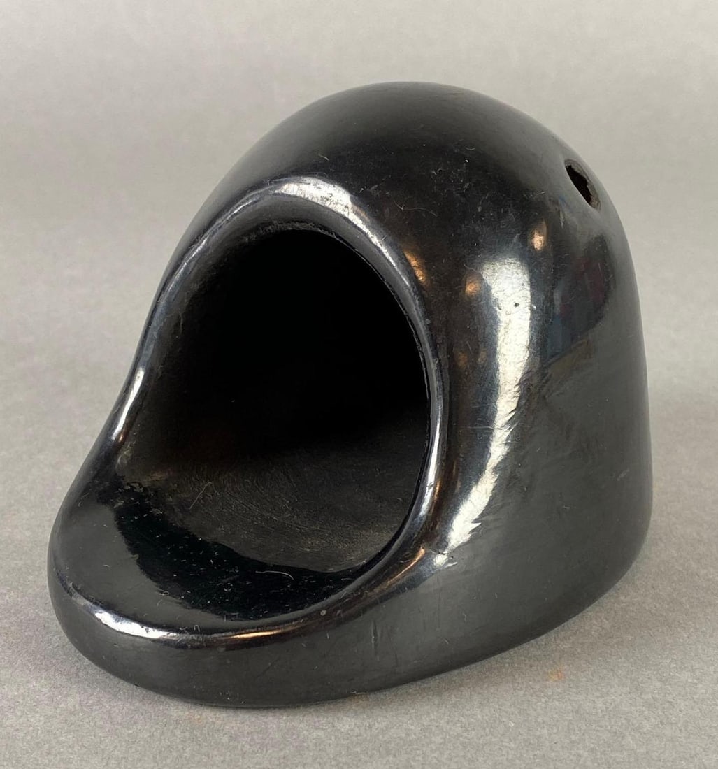Native American Juanita Santa Clara Pueblo Blackware Incense Burner: Artists signature on base, Measures 3 1/2 x 5 x 3 3/4 inches.