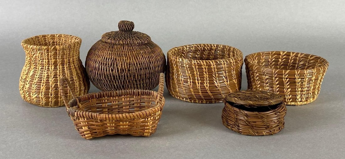 Group of 6 Small Native American Woven Baskets: Largest measures 4 x 4 1/4 x 4 1/4 inches.