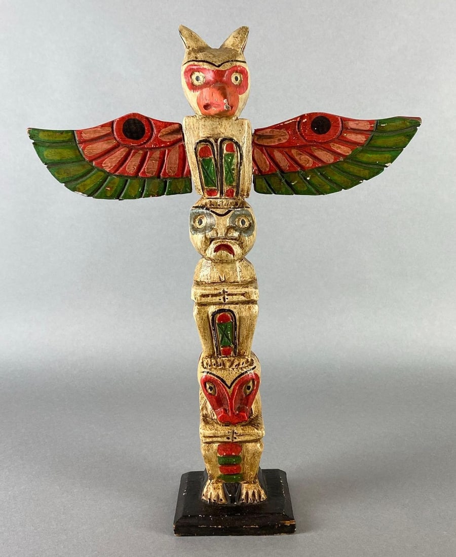 Native American Painted Wood Totem Pole: Beak repaired, Wings loose on sides, Measures 16 3/4 x 13 3/4 x 5 inches.