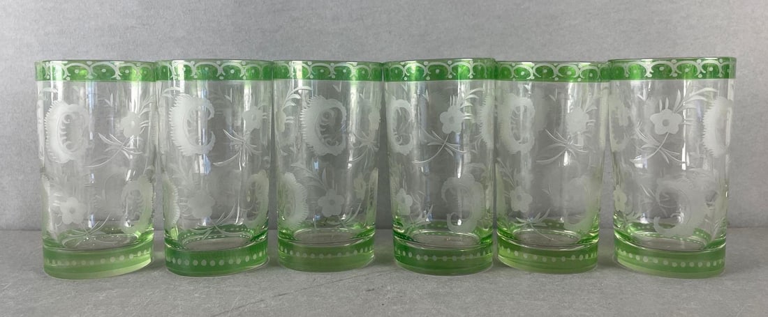 Set of 6 Etched Floral Glasses: Each measure 4 3/4 x 2 1/2 inches
