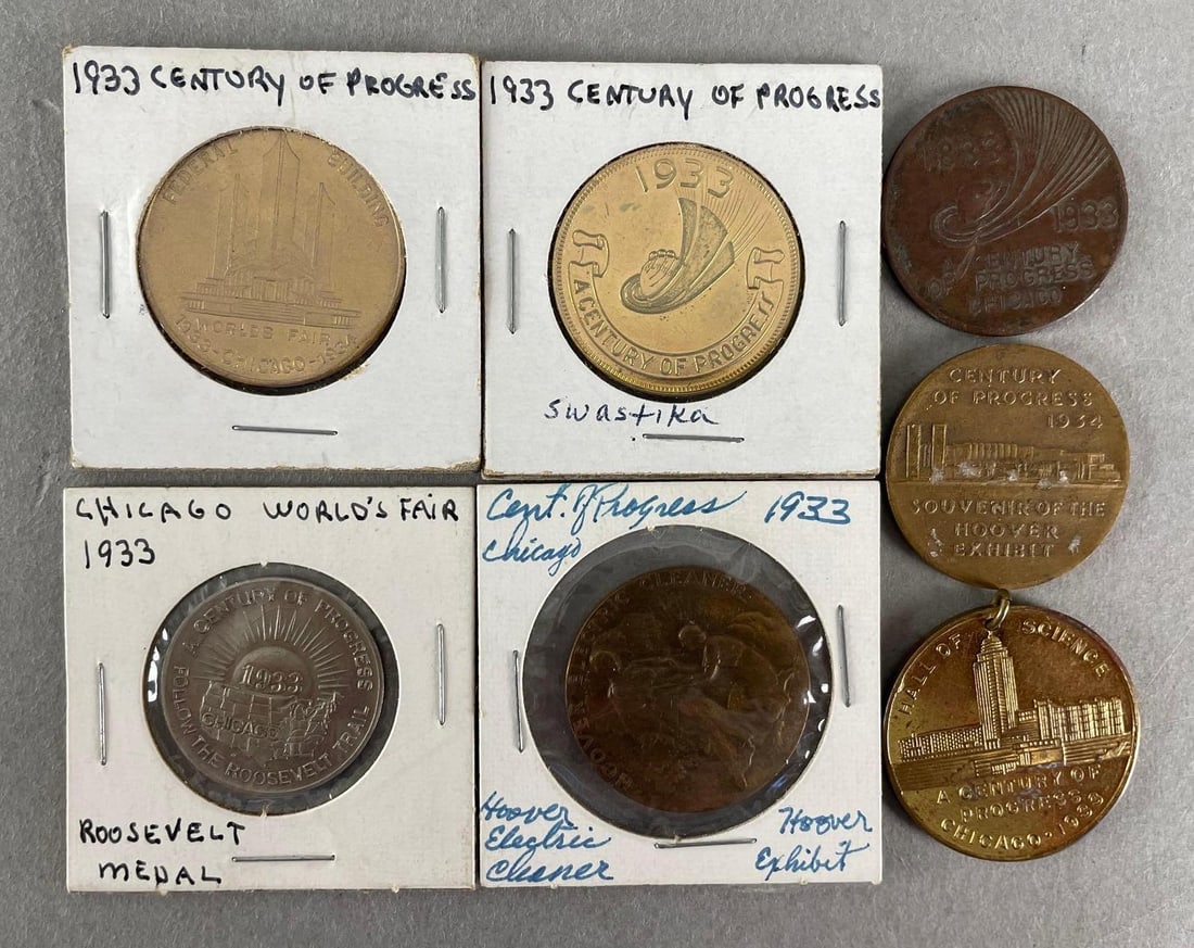 Group of 7 1933-34 Chicago Worlds Fair Souvenir Coins (1 of 2)
