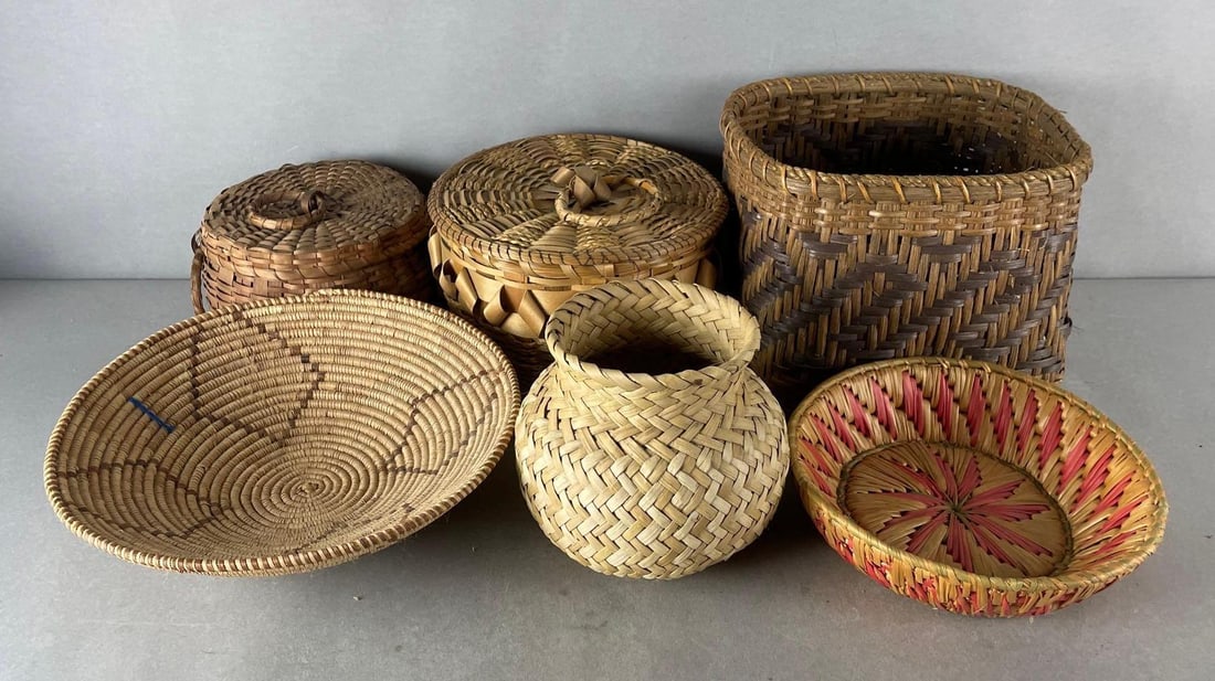 Group of 6 Woven Baskets: Largest measures 8 x 10 x 10 inches