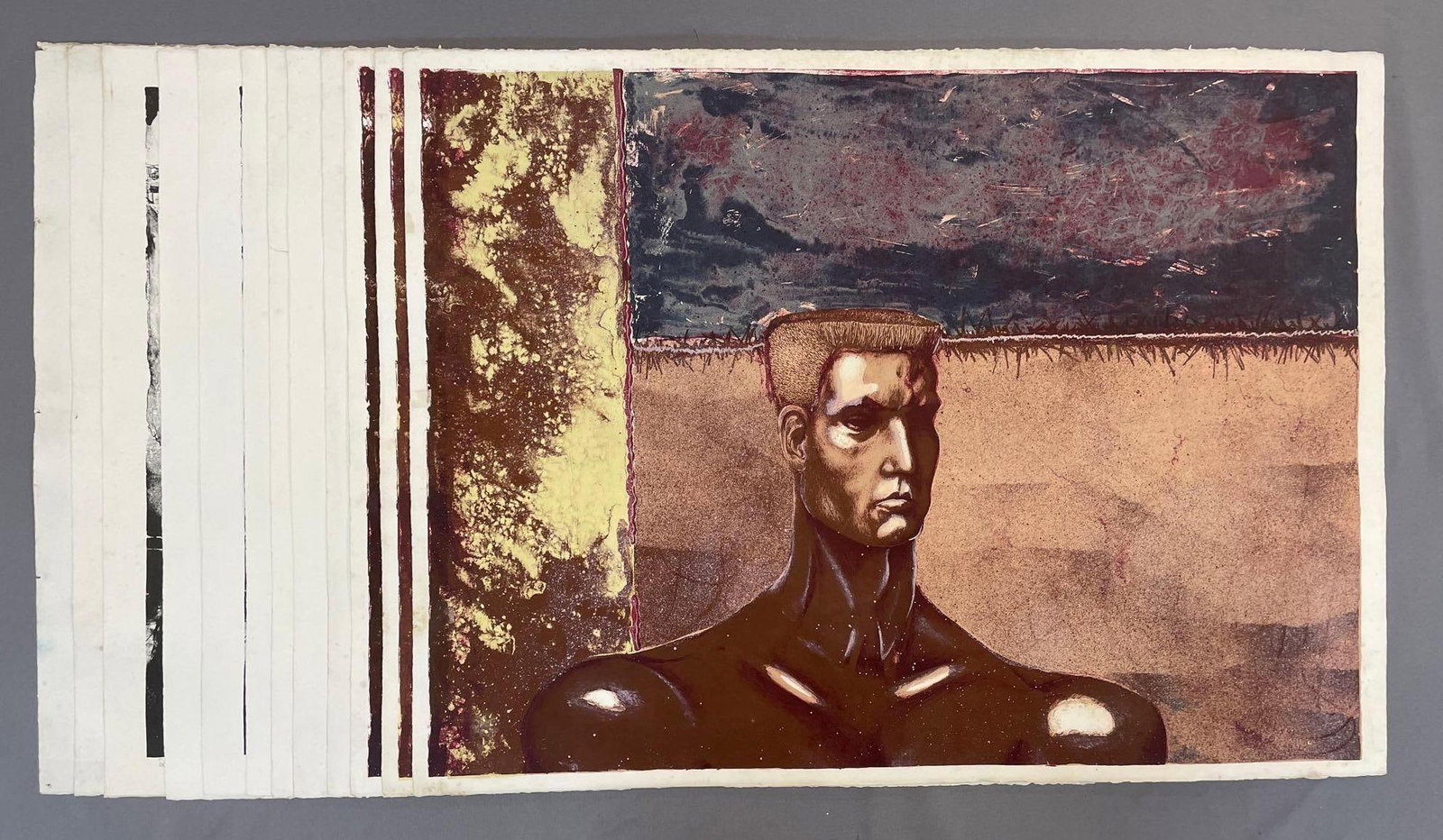 Group of 12 Abstract Art Silk Screens: Many duplicates, 3 different prints, includes smaller pastel of man and dog. Each measure 22 3/4 x 30 inches