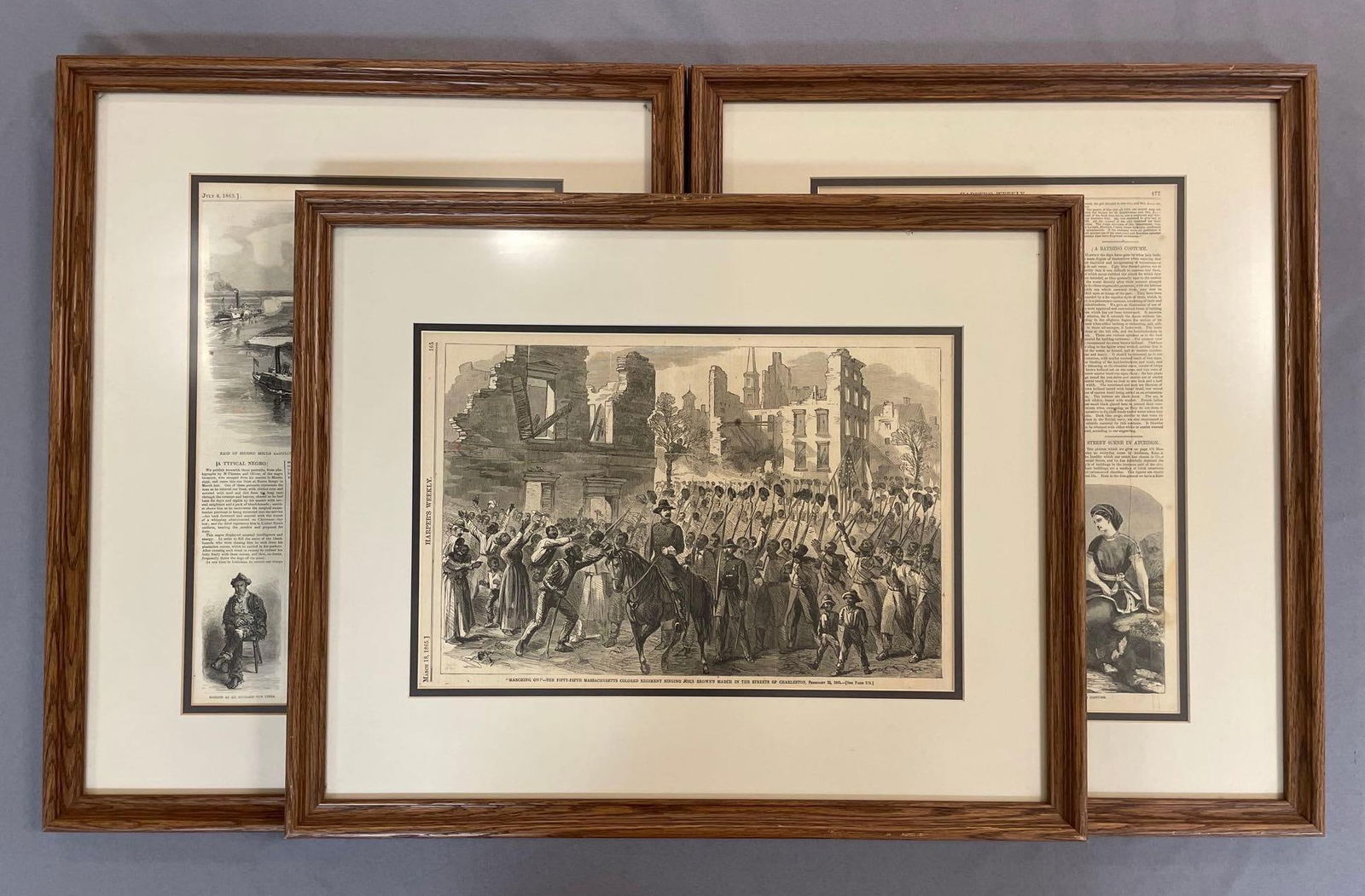 Group of 3 - 1860s Civil War Era Slave Related Illustrations: All Harpers Weekly. Includes 1865 55th Massachusetts colored regiment singing John Browns March in Charleston, 1863 story on escaped slave Gordon turned soldier, 1866 illustration of a girl with scars