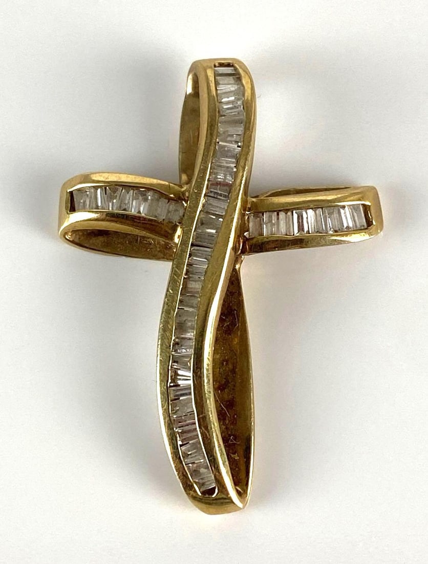 10K Gold Baguette Cut Diamond Cross Necklace Pendant (1 of 4)
