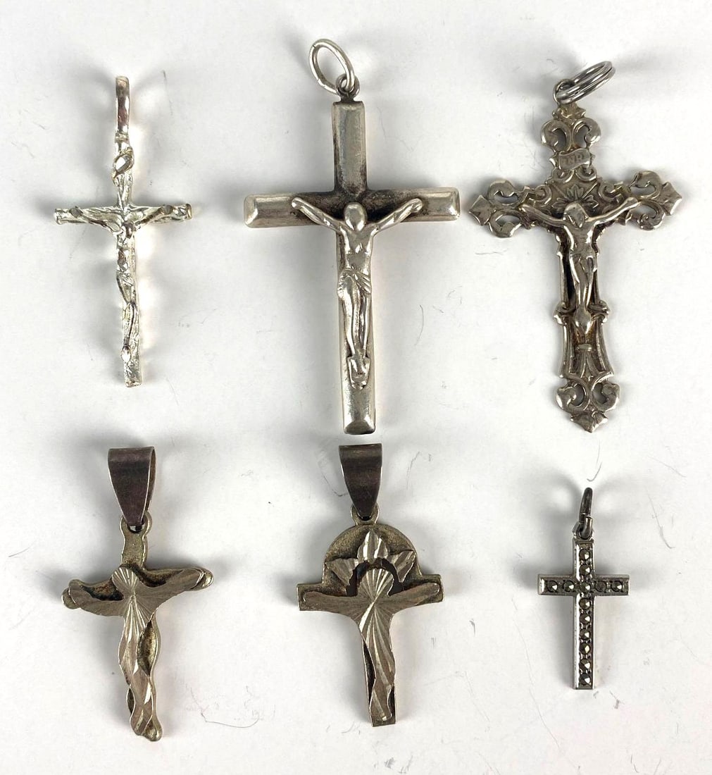 Group of 6 Sterling Silver Religious Crucifixion Cross Pendants (1 of 2)