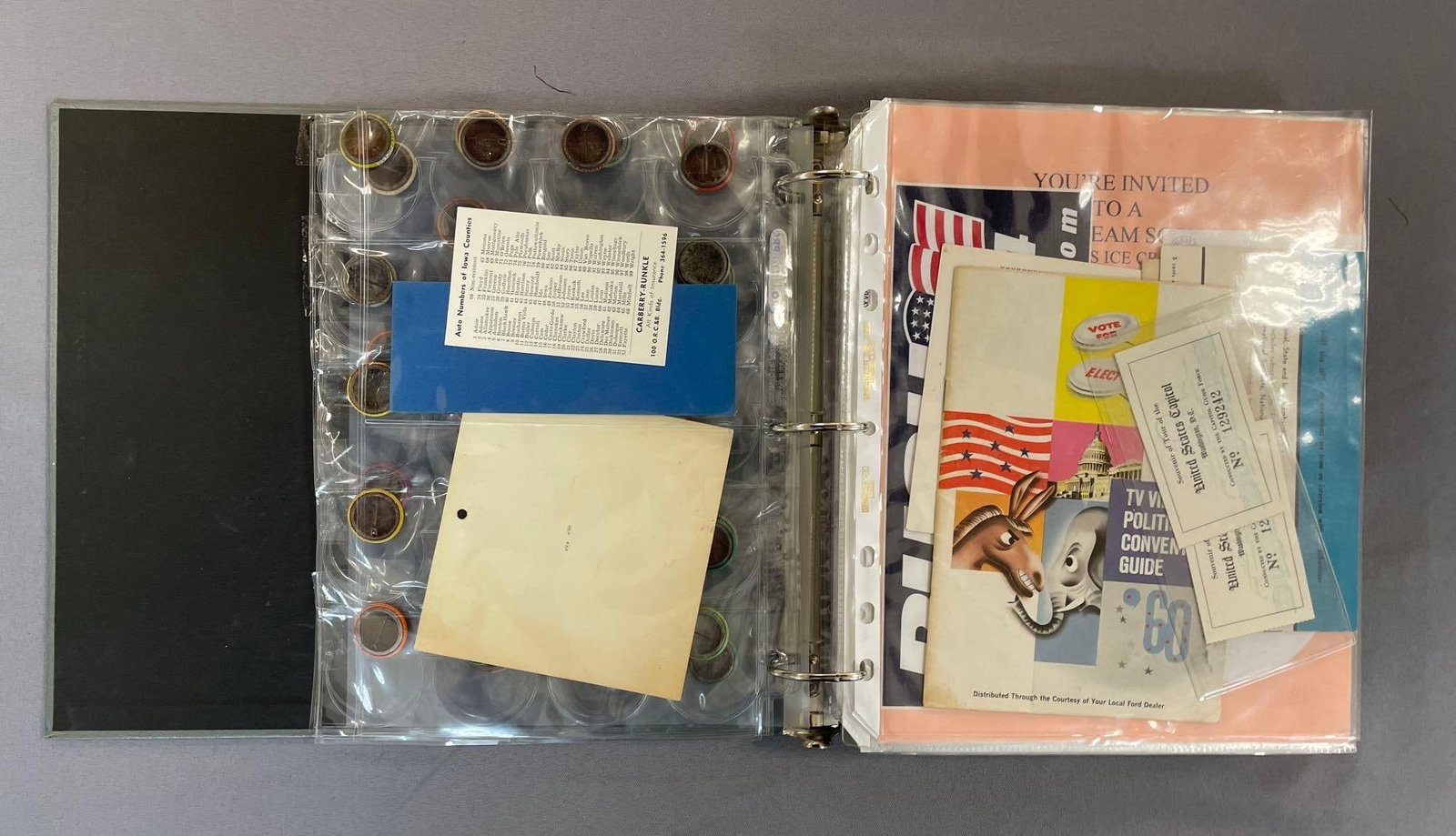 Group of Political Buttons and Ephemera: Includes general drivers union buttons, presidential, Iowa, bush and gore, know your 50 states, and more. Largest measures 8 1/2 x 9 1/2 inches