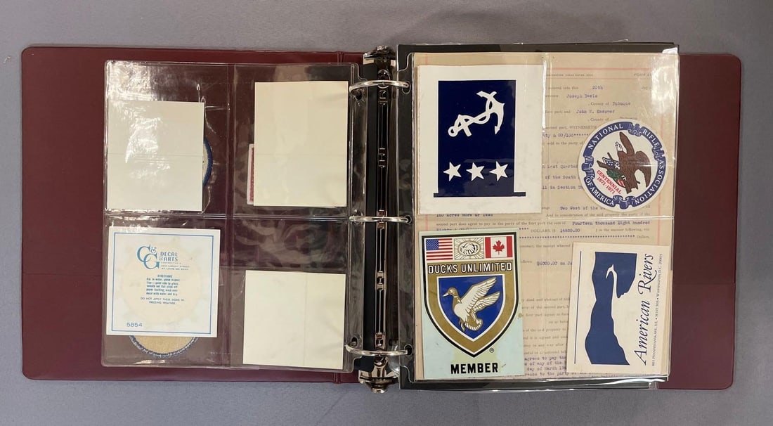 Group of Political and Advertising Items: Includes patches , keychains, deeds, buttons, and more. Largest measures 11 x 8 1/2 inches