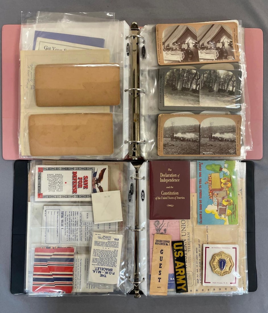 Group of Military, Fraternal, and Political Ephemera: Includes buttons, war tourist brochures, Stereoviews, desert storm cards, and more