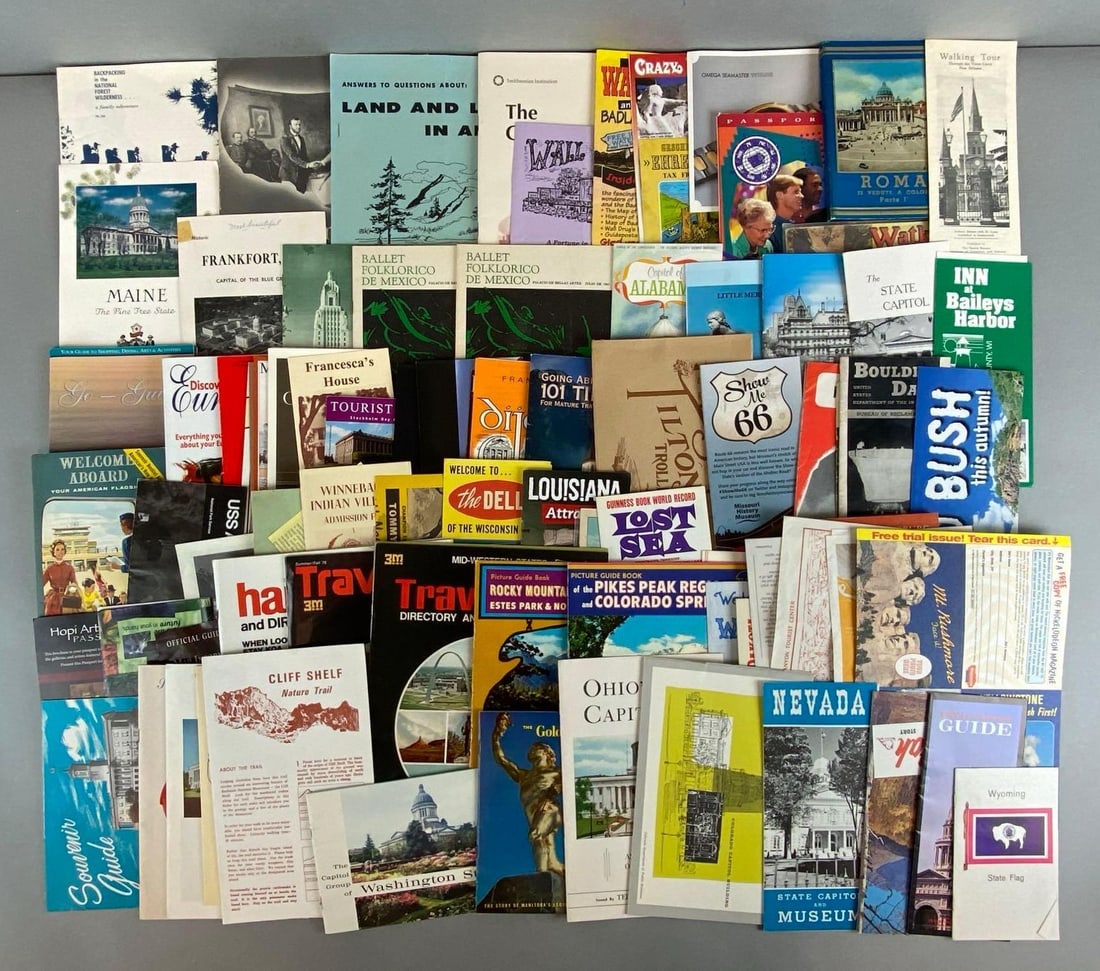 Group of 80+ Outdoor Traveling Ephemera and More: Includes US State tourism pamphlets, travel directories, mountain backpacking guides and more, largest measures 12 x 8 1/2 inches