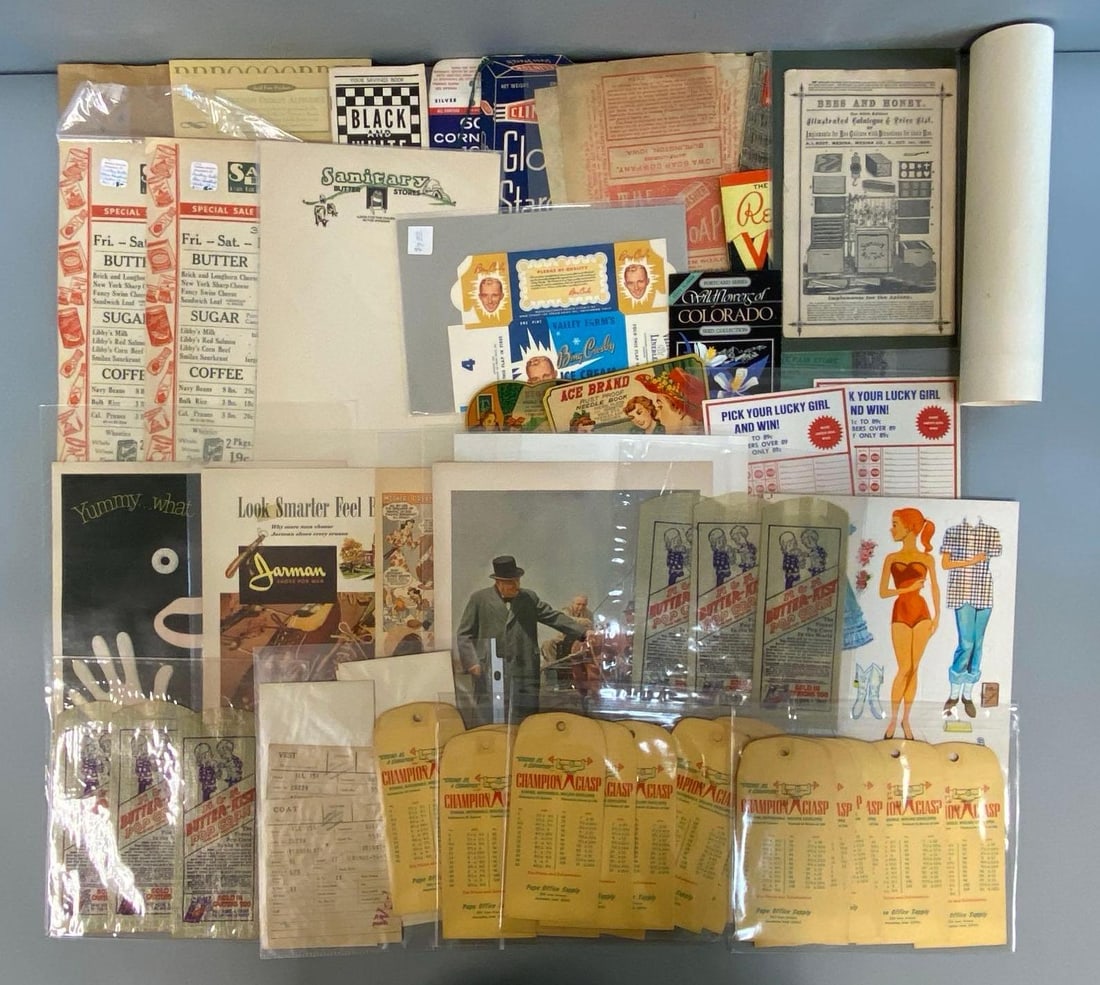 Group of 120+ Advertising Ephemera: Includes Champion Clasp, H and H Butter-Kist popcorn, life savers and more, largest measures 13 x 10 1/2 inches