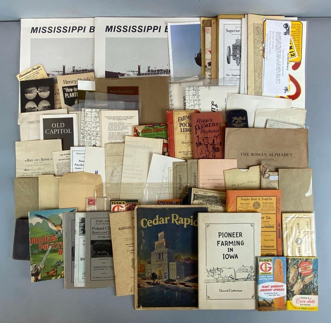 Group of 100+ Assorted Farming Ephemera and More: Includes car splices guide, hunting books, pictures and more, largest measures 11 x 14 inches