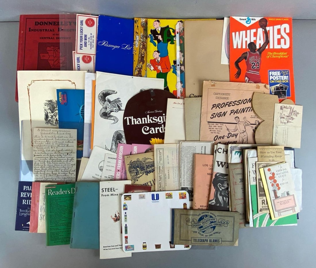 Group of 30+ Advertising Ephemera and More: Includes Wheaties cover, 1927 magazine guide, letter and more