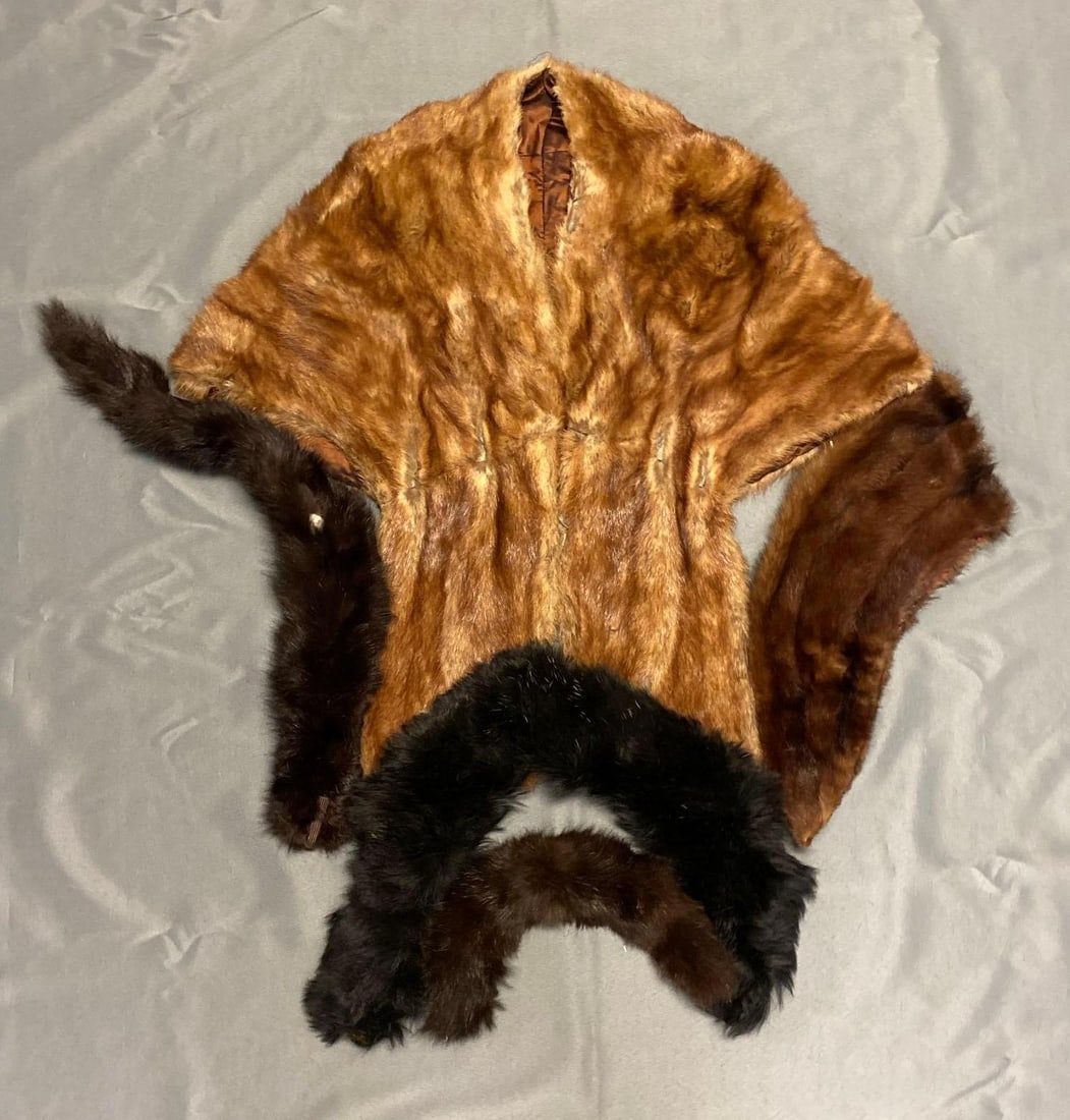 Group of 5 Mink Fur Scarfs and More: largest measures 14 inches shoulder to shoulder